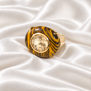Anel Oval com Cristal e Olho de Tigre Ouro Semijoia