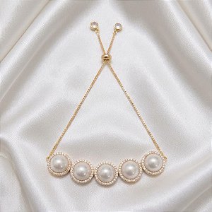 Pulseira Gravatinha Pérolas e Zircônia Ouro Semijoia