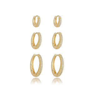 Kit 3 brincos argolinhas zircônia ouro semijoia 25k02013
