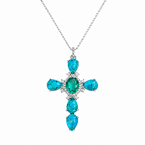 Colar Crucifixo Moissanite Turquesa com Fusion Turmalina em Prata 925 Elaine Palma
